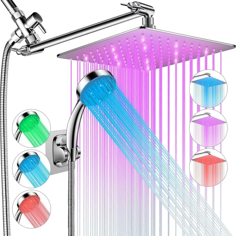 LED Rain Shower Head, High Pressure 10'' with Extension Arm