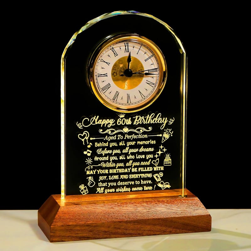 60th Birthday Crystal Clock with LED Base for Couples