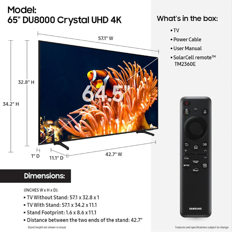 Samsung 65-Inch 4K UHD HDR Smart TV, Alexa Built-In, 2024