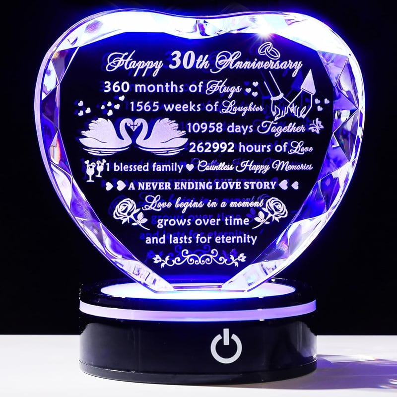 30th Anniversary Crystal Heart Keepsake for Couples, Engraved Gift
