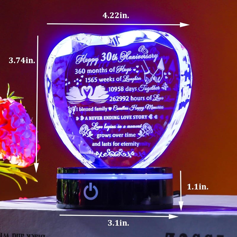 30th Anniversary Crystal Heart Keepsake for Couples, Engraved Gift