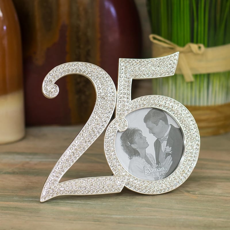25th Anniversary Rhinestone Photo Frame, 4x4.5 Inch Zinc Alloy
