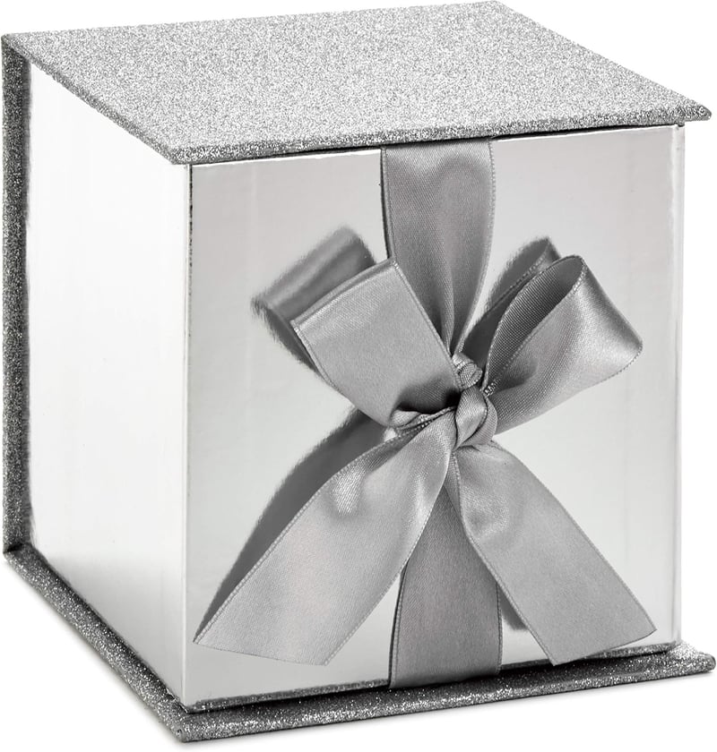 Wedding Silver Gift Box with Bow and Paper Fill