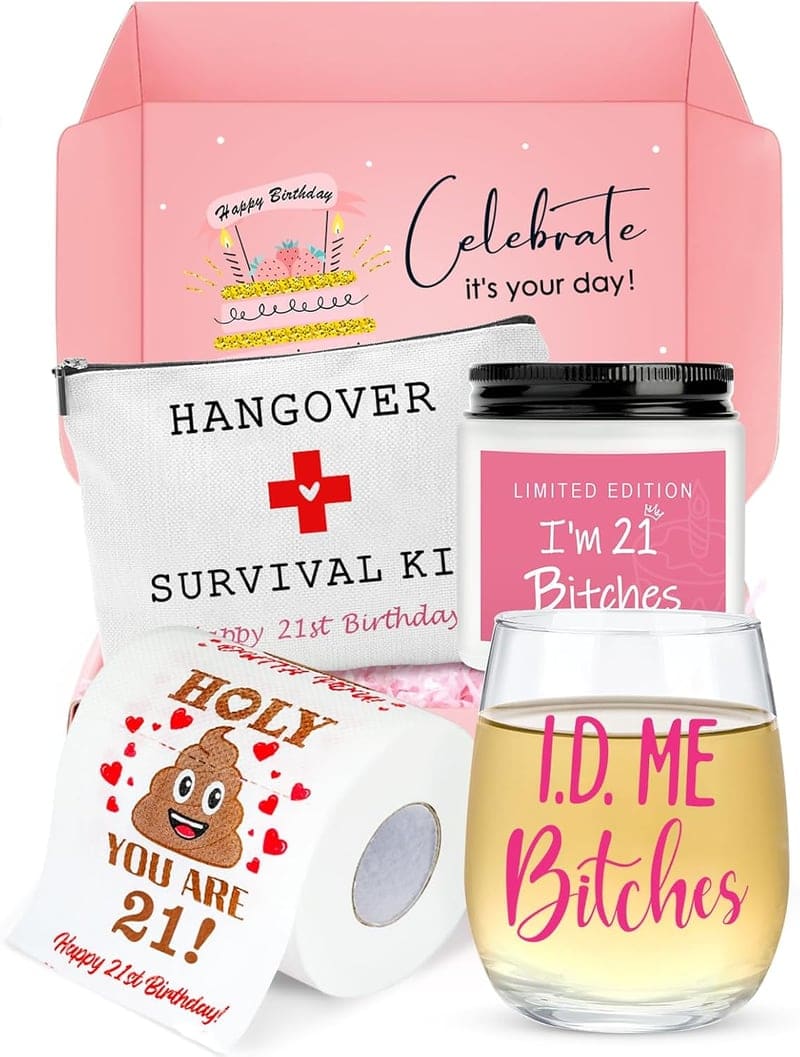 21st Birthday Gift Set for Women – Wine Glass, Candle, Makeup Bag