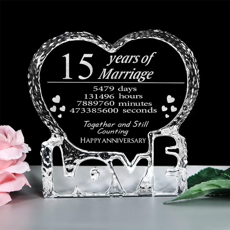 15th Anniversary Engraved Heart Crystal Gift for Couples