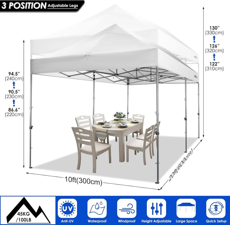 10x20 White Pop-Up Canopy Tent with Sidewalls, Waterproof