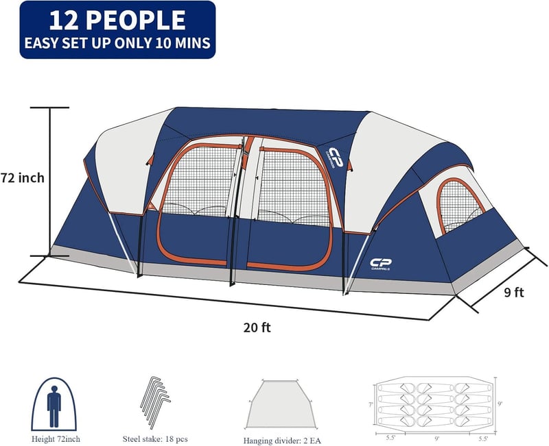 12-Person Family Camping Tent, Waterproof with Rainfly & Mesh Windows