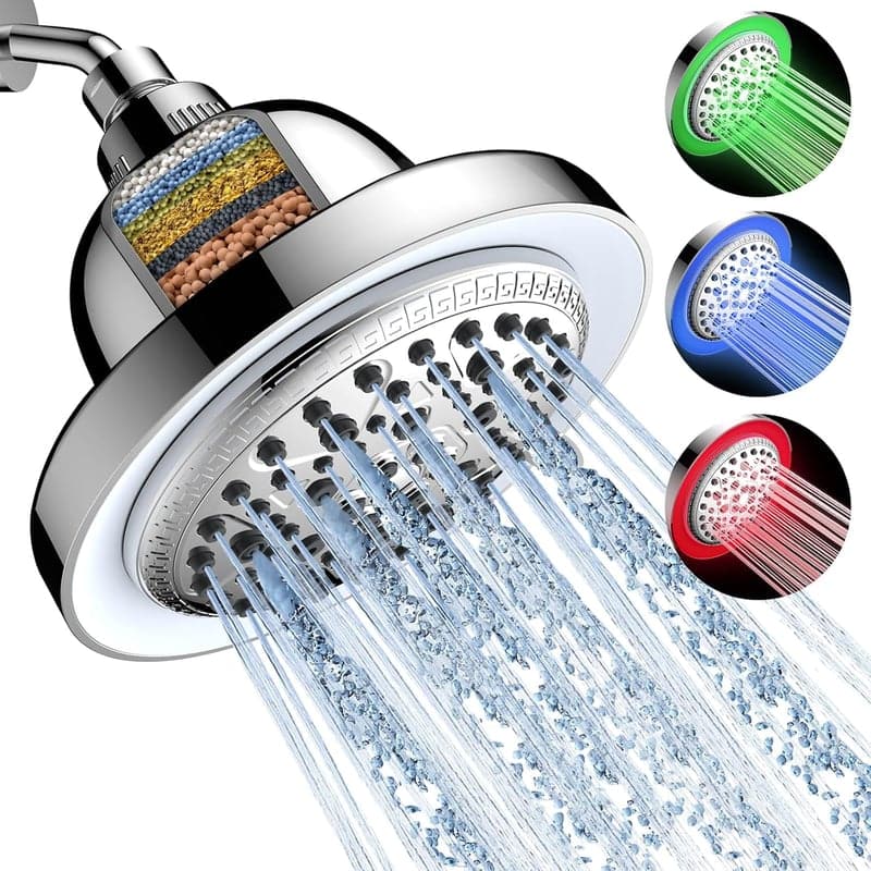 Filtered LED Rain Shower Head, 7 Modes, High Pressure