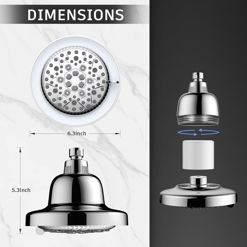 Filtered LED Rain Shower Head, 7 Modes, High Pressure