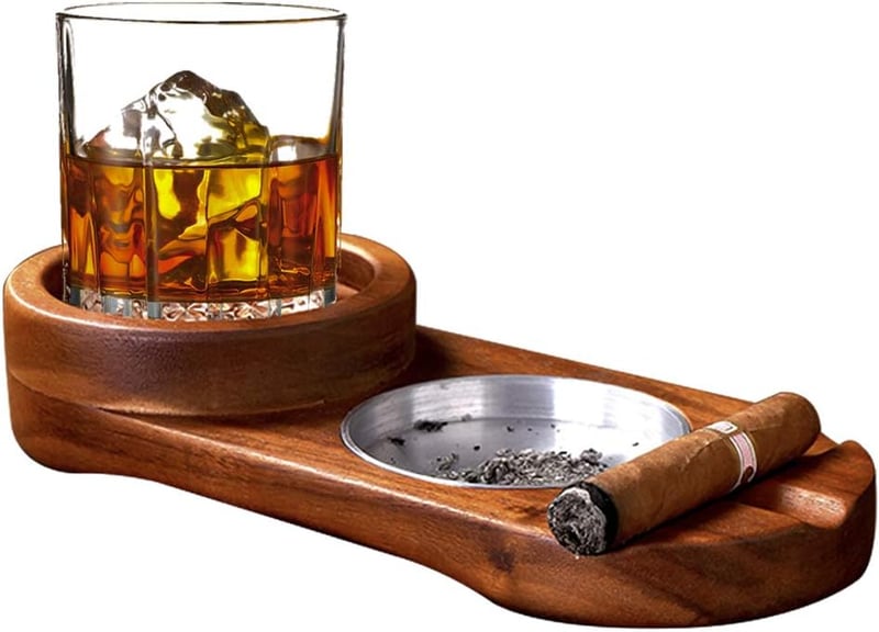 Whiskey Glass Tray with Cigar Rest – Gift for Men