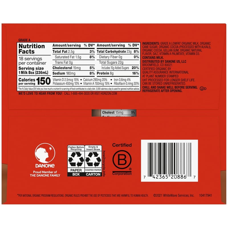 Chocolate 1% Organic Lowfat Milk Boxes, 8 Oz, Pack of 18