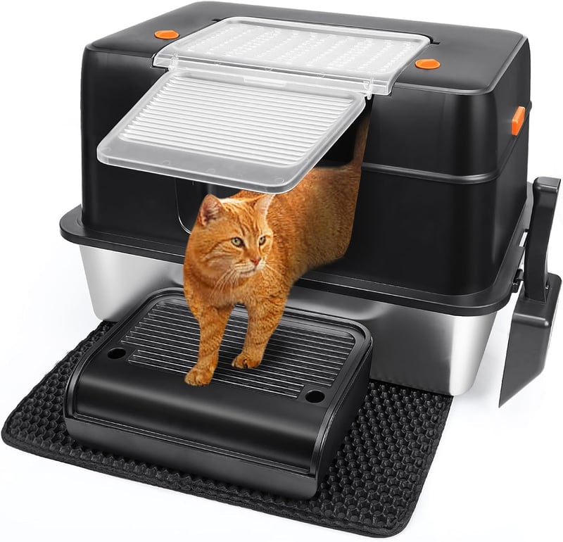 Extra Large Stainless Steel Cat Litter Box with Lid & Accessories
