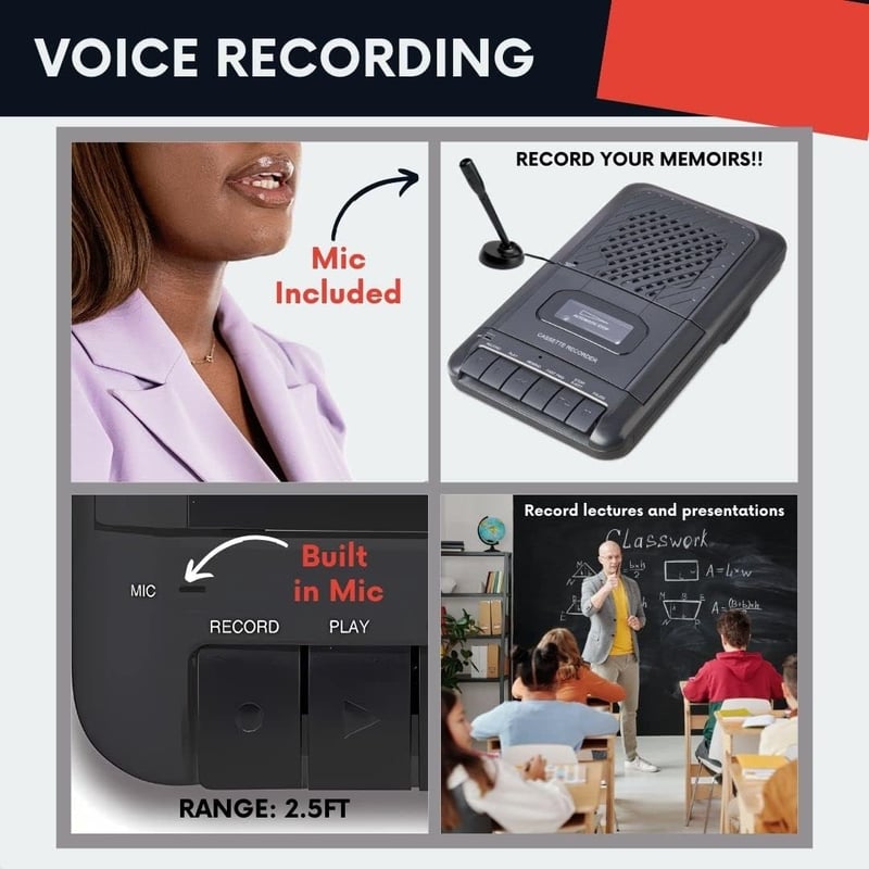 Cassette Player with Recording & Built-in Speaker