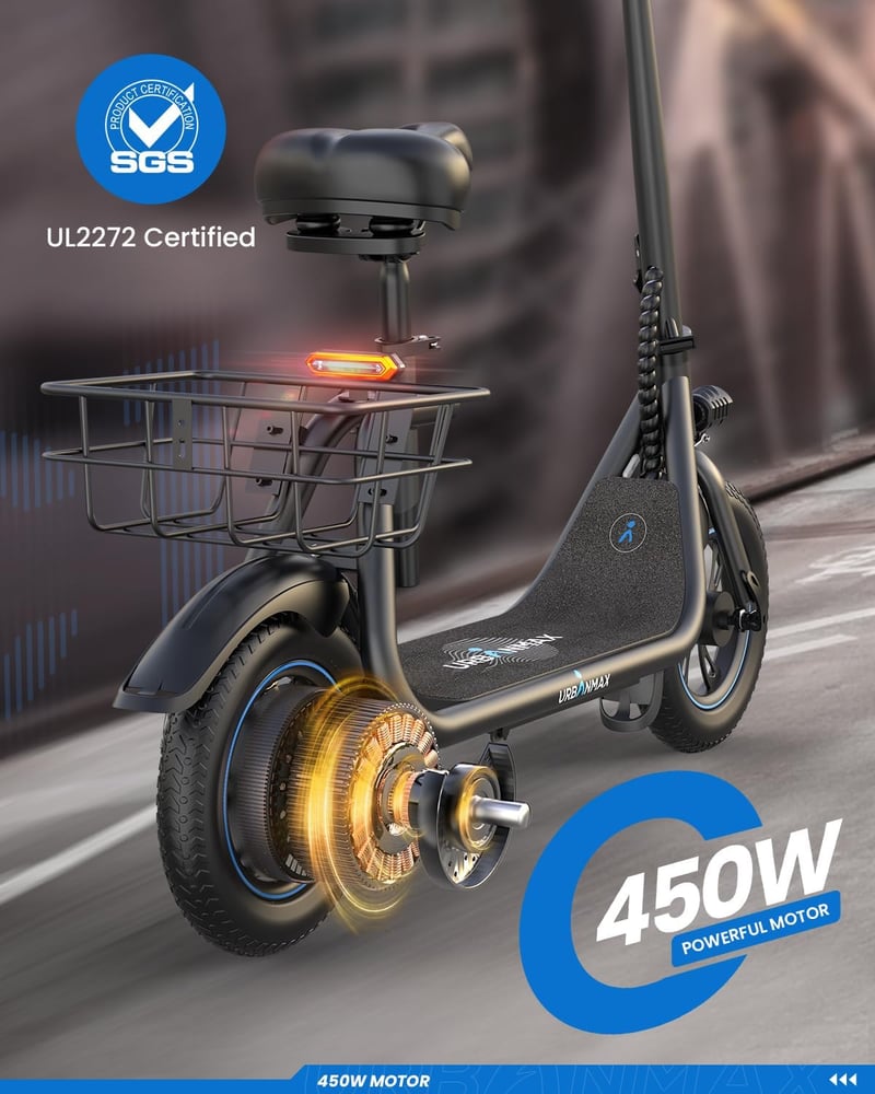 Foldable Electric Scooter for Adults with Seat, Basket & 450W Motor