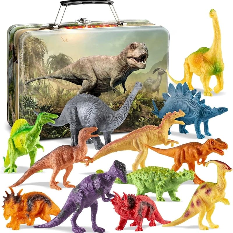 Dinosaur Toy Set with 12 Figures & Metal Storage Box for Kids