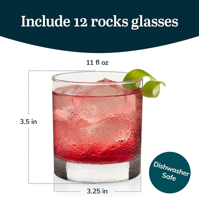 Rocks Whiskey Glass Set - Heavy Base, 12-Piece