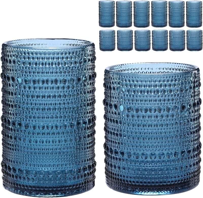 Vintage Blue Hobnail Glassware Set - 12 Glasses & Brush