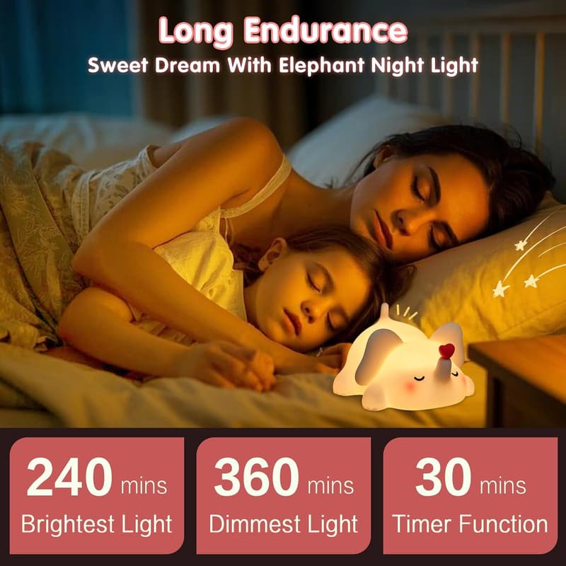 White Elephant Squishy LED Night Light - Silicone, Dimmable