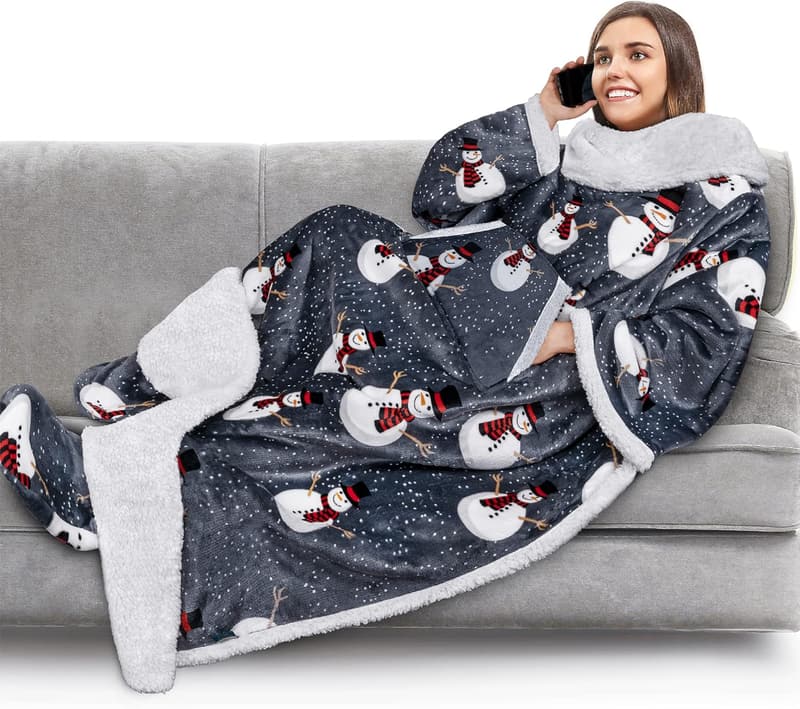Wearable Sherpa Blanket with Sleeves - Snowman Gray
