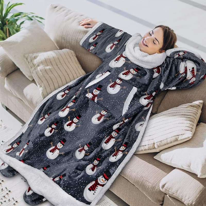 Wearable Sherpa Blanket with Sleeves - Snowman Gray