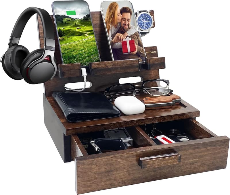 Birthday Walnut Wood Phone Nightstand Organizer