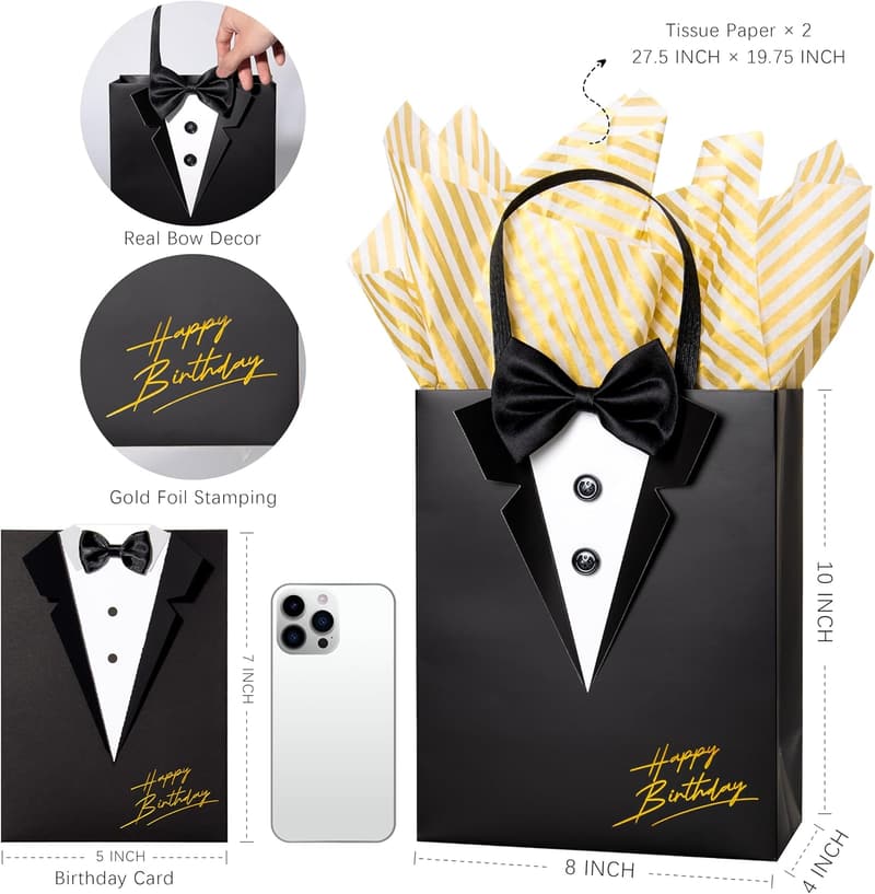 Birthday Gift Bag for Men: Black 3D Tuxedo Design