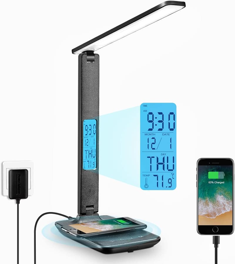 Desk Lamp with Wireless Charger and Clock