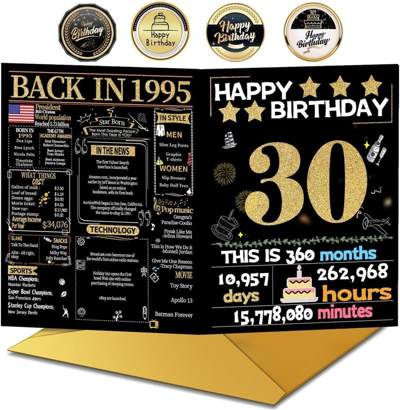 30th Birthday Card for Women & Men, 1995 Theme