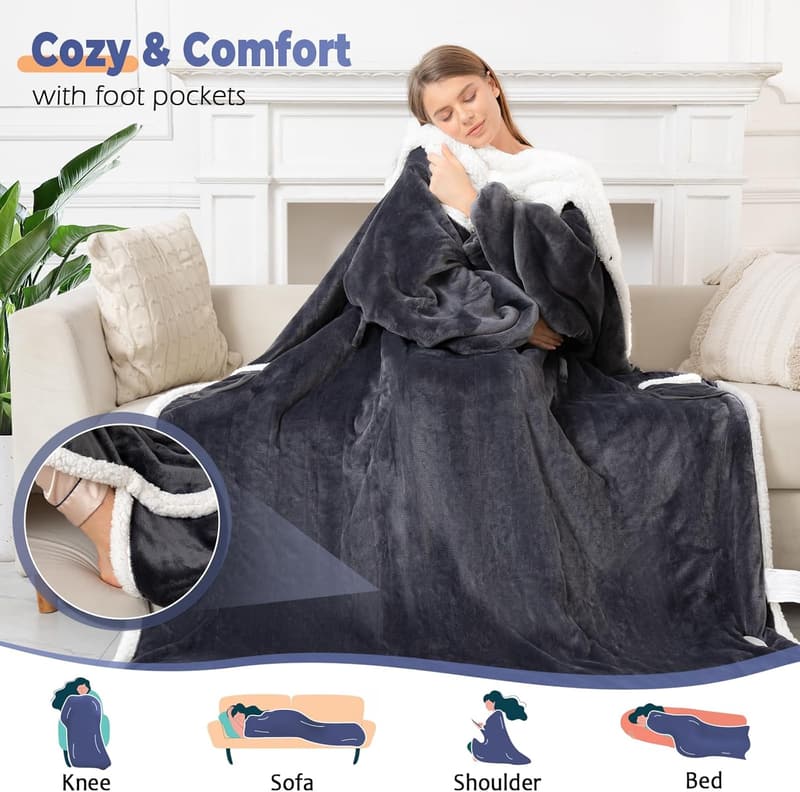 Electric Heated Blanket with Sleeves & Foot Pocket