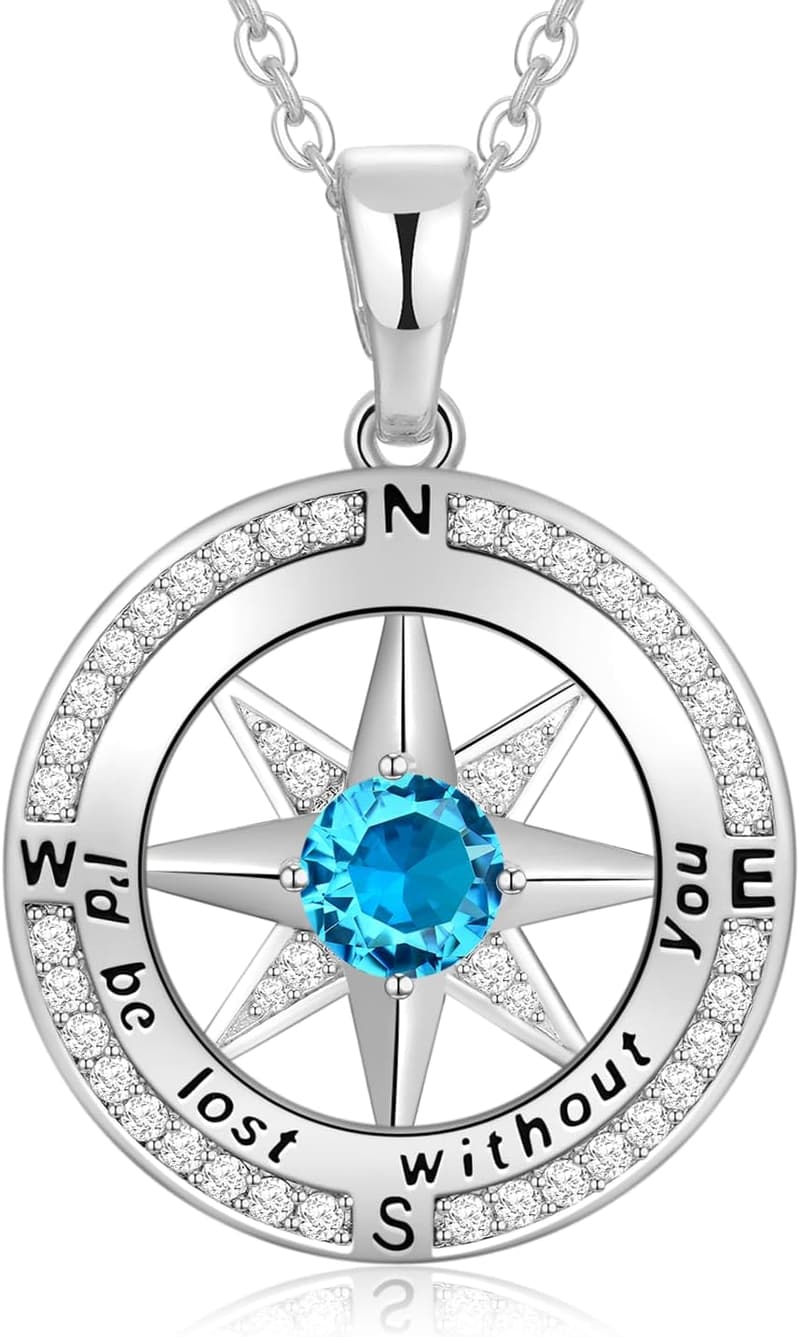Anniversary Compass Birthstone Necklace, Sterling Silver