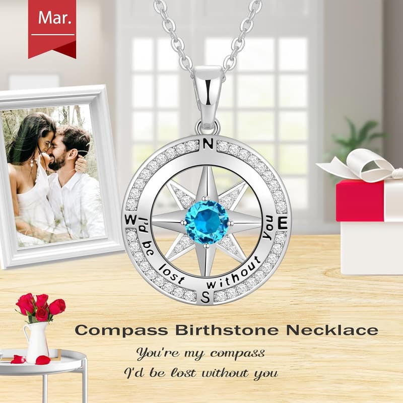 Anniversary Compass Birthstone Necklace, Sterling Silver