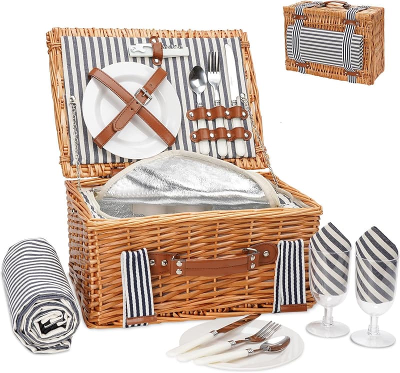 Insulated Picnic Basket for 2 with Blanket Set