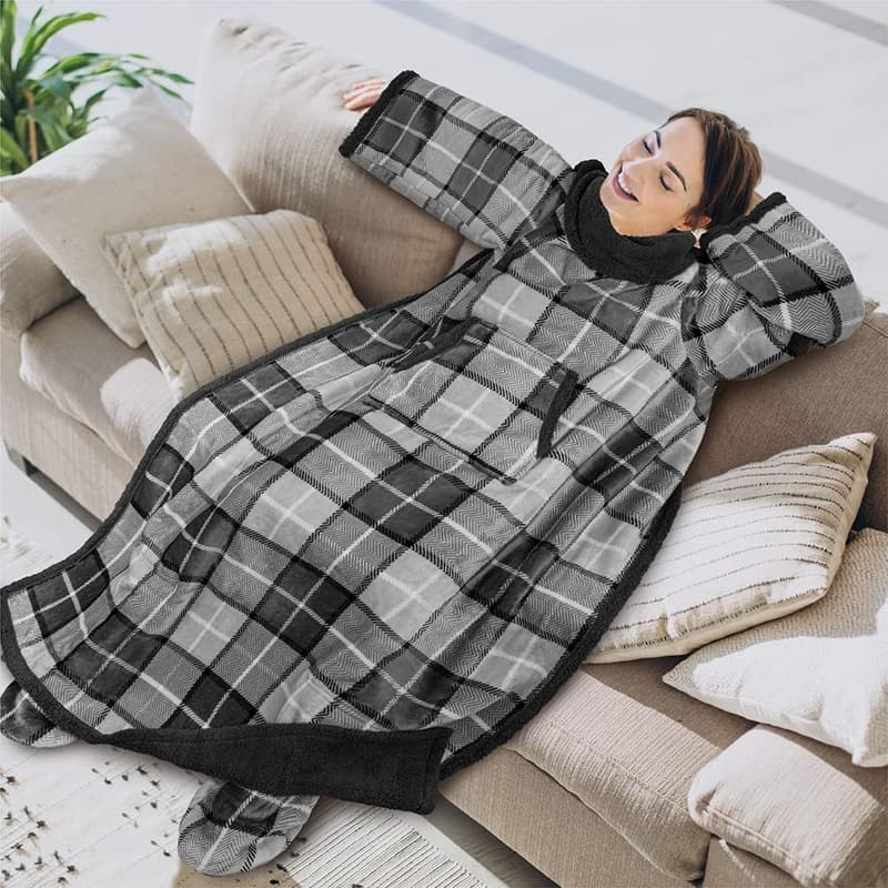 Wearable Sherpa Blanket with Sleeves, Plaid Gray
