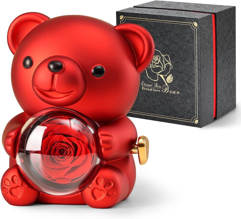 Mother's Day Teddy Bear with Preserved Red Rose