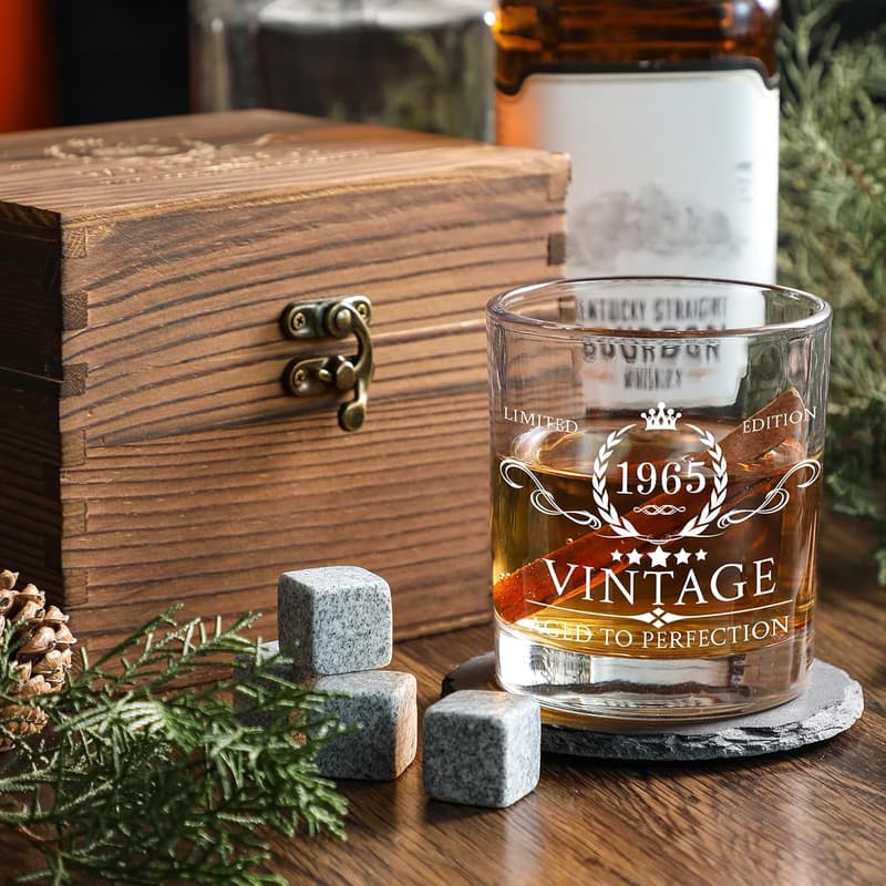 60th Birthday Whiskey Glass Set with Stones & Coaster