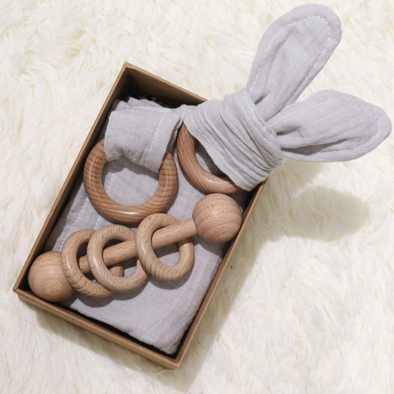 Baby Shower Cotton Lovey & Wood Rattle Set