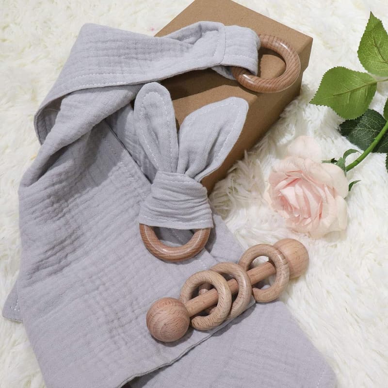 Baby Shower Cotton Lovey & Wood Rattle Set