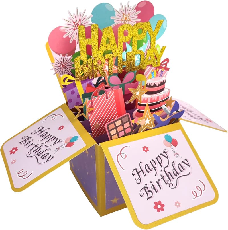 Birthday Pop-Up Card with 3D Gift Box, Handmade