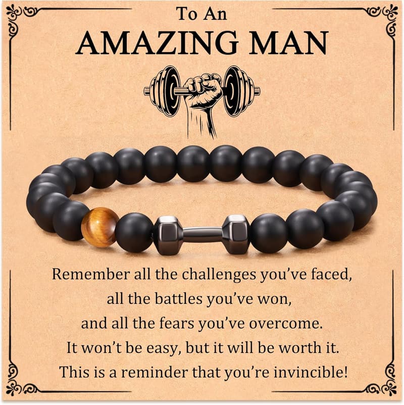 Christmas Dumbbell Bracelet for Men, Onyx Bead Fitness Gift