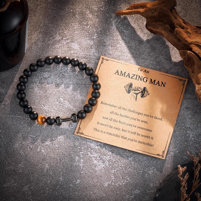 Christmas Dumbbell Bracelet for Men, Onyx Bead Fitness Gift