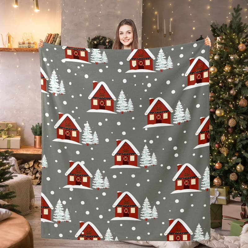 Holiday Blanket, Snowy Barn Design for Adults, 50x60 Inches