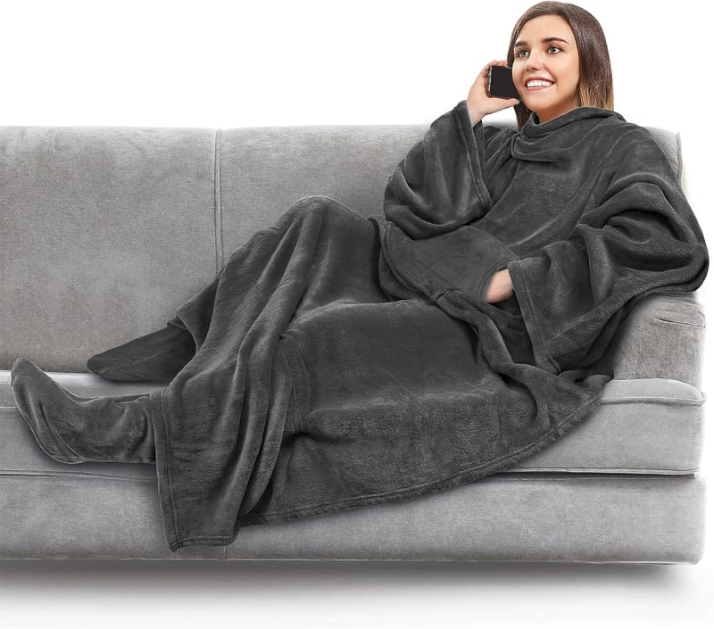 Wearable Fleece Blanket with Sleeves & Foot Pockets