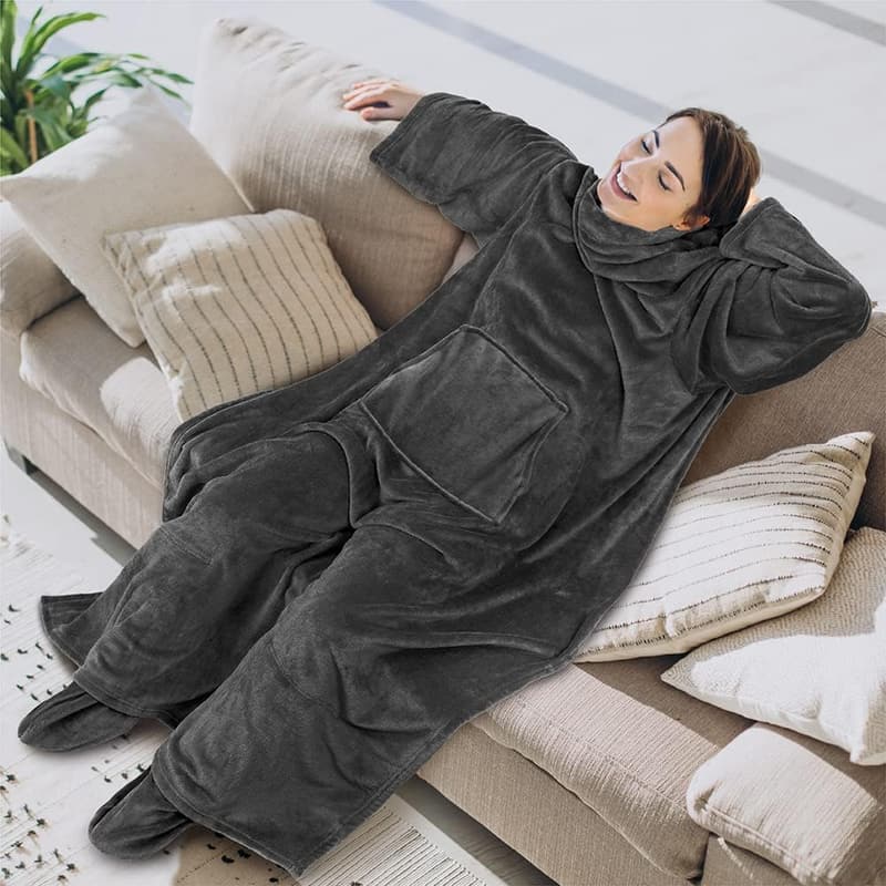 Wearable Fleece Blanket with Sleeves & Foot Pockets
