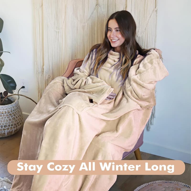 Wearable Latte Blanket with Sleeves for Adults