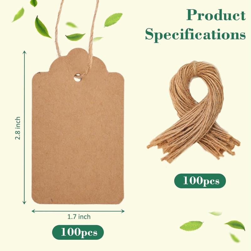 Wedding Brown Kraft Hang Tags with String, 100pcs