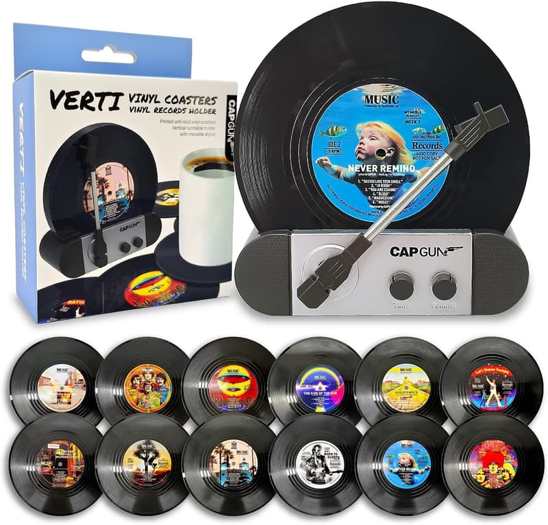 Housewarming Vinyl Coaster Set with Holder for Music Lovers