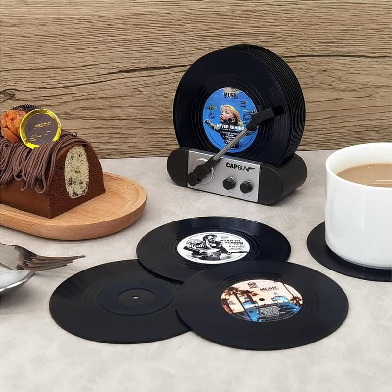 Housewarming Vinyl Coaster Set with Holder for Music Lovers