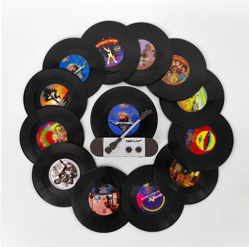 Housewarming Vinyl Coaster Set with Holder for Music Lovers