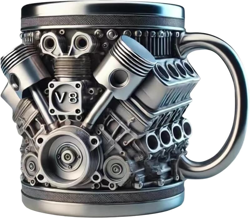 Car Enthusiast Mug - V8 Engine Design, 15oz Stainless Steel