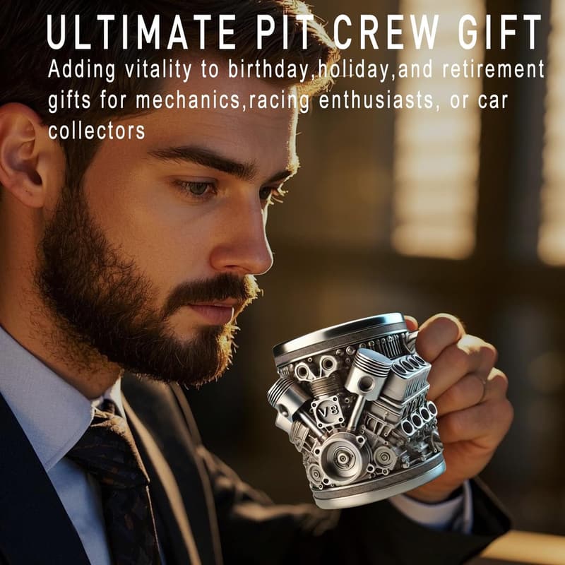 Car Enthusiast Mug - V8 Engine Design, 15oz Stainless Steel